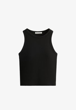 Top en rib avec des côtes noires, doté d'un col rond et de larges emmanchures. Le tissu semble doux avec une coupe ajustée.
