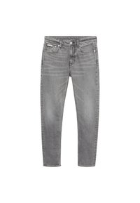 Jean slim fit gris pour homme avec cinq poches et fermeture par boutons, présenté à plat sur fond blanc.