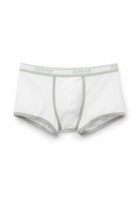 Białe bawełniane bokserki z szarym elastycznym pasem. Posiadają kontrastujące szare szwy wzdłuż krawędzi oraz kieszeń z przodu.