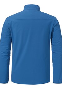 Blaues Langarmhemd mit hohem Kragen, das eine glatte Textur und einen geraden Schnitt aufweist. Keine sichtbaren Muster oder Akzente auf der Rückseite.