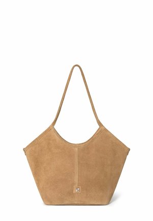 Weiche, hellbraune Wildledertasche mit langem Schulterriemen und dezentem kleinem quadratischem Logo vorne in der Mitte.
