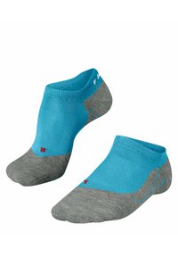 Socken mit Knöchelhöhe, die einen blauen oberen Teil und einen grauen unteren Teil haben, aus einem weichen, dehnbaren Material gefertigt. Mit rotem Logodetail.