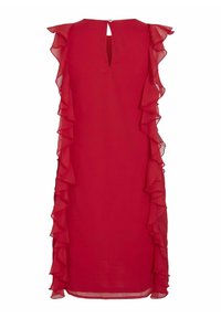 Vestido rojo hecho de una tela ligera, con volantes verticales a lo largo de ambos lados, un escote en forma de lágrima en la espalda y un cierre de botón en el cuello.