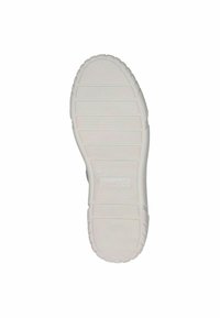 Witte rubberen schoenenzool met getextureerde groeven en patronen, met een afgeronde vorm en merkvermelding, ontworpen voor grip en comfort.