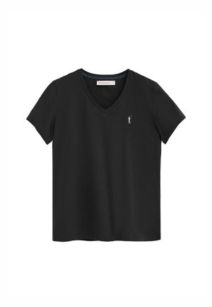 Zwarte V-hals T-shirt van gladde stof, met korte mouwen en een klein geborduurd logo op de linkerbovenborst. Eenvoudig ontwerp zonder patronen.
