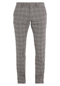 Grå rutiga byxor med ett rutig mönster, slim fit, tillverkade av vävt tyg. Har en knappstängning fram och sidofickor.