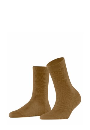 Braune Socken mit einem Fischgrätmuster, knielang, aus einem glatt strukturierten Stoff. Verfügt über einen gerippten Bund für einen snug fit.