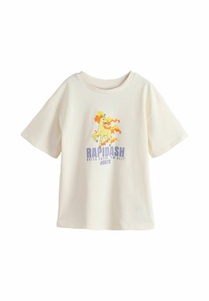 Cream short-sleeve t-shirt with a flaming horse graphic and text "RAPIDASH #0078 Gotta catch 'em all" on the front.