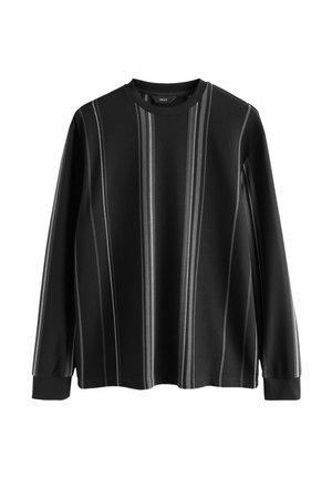 Black long-sleeve shirt featuring vertical grey stripes, ribbed texture, crew neckline, and contrasting cuffs. Simple design with no embellishments.