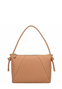 Tasche aus tanfarbenem Leder mit strukturierter Form, versehen mit einem Knotendetail am Riemen und einem Reißverschlussverschluss oben. Mit strukturierter Außenseite.