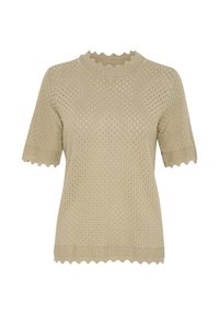 Beige gestrickter Kurzarmpullover mit offenem Webmuster, gewelltem Ausschnitt und strukturiertem Saum. Bietet eine lockere, atmungsaktive Passform.