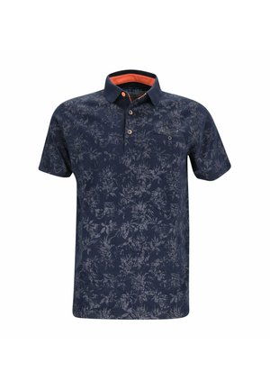 Marineblaues Poloshirt mit kurzen Ärmeln und dezentem Blumenmuster, orangefarbenem innerem Kragen, Knopfleiste und kleiner Brusttasche mit Knopfdetail.