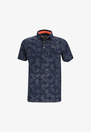 Marineblaues Poloshirt mit kurzen Ärmeln und dezentem Blumenmuster, orangefarbenem innerem Kragen, Knopfleiste und kleiner Brusttasche mit Knopfdetail.