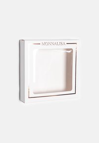 Weißer quadratischer Karton mit transparentem Fenster und roségoldenem Rand, oben in der Mitte mit dem Schriftzug "MONNALISA" in Großbuchstaben versehen.