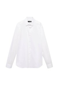 Camicia bianca a maniche lunghe realizzata in tessuto liscio, con chiusura a bottoni, colletto a punta e vestibilità classica.