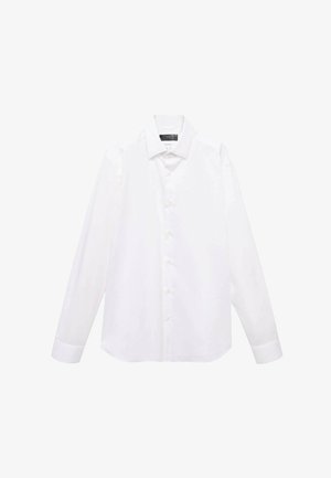 Witte langemouwen shirt van gladde stof, met een knoopsluiting aan de voorkant, een puntige kraag en een klassieke pasvorm.