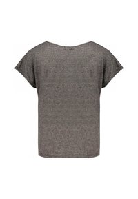 Haut gris à manches courtes avec une coupe ample et une finition douce et texturée. Il présente un col large et un léger éclat avec un ourlet arrondi.