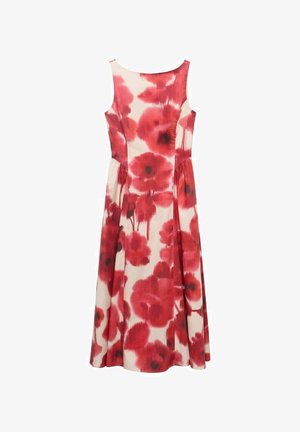 Ein ärmelloses Kleid mit tailliertem Oberteil und ausgestellt Rock, das einen weißen Hintergrund mit großen roten Blumenmustern zeigt.