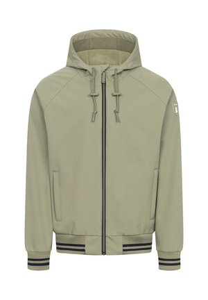 Hellgrüne Kapuzenjacke mit durchgehendem Reißverschluss, Kordelzugkapuze, Seitentaschen, gerippten Bündchen und Saum mit dunklen Streifen.