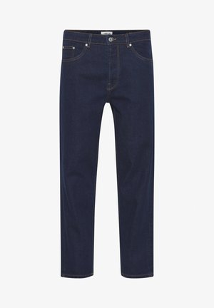 Jeans din denim albastru închis cu croială dreptă, având cusături deschise, cinci buzunare și închidere cu buton la talie. Textură netedă.