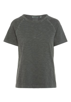 Dunkelgraues T-Shirt mit kurzen Ärmeln, Rundhalsausschnitt, feiner Struktur im Stoff und Raglan-Ärmelnähten.