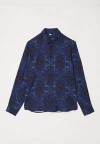 Koszula z długim rękawem w niebiesko-czarny wzór paisley, wykonana z tkaniny o gładkiej fakturze. Posiada kołnierzyk w szpic i zapięcie na guziki.