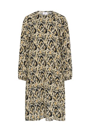 Jurk met luipaardprint in beige, zwart en gouden tinten; heeft een ronde hals, lange mouwen en een losse pasvorm met geplooide details bij het lijfje.