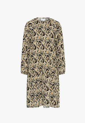 Leopardimustriline kleit beeži, musta ja kuldse toonidega; omab ümarat kaelust, pikaid varrukaid ja lõdvat istuvust koos kogutud detailidega rinnaosas.