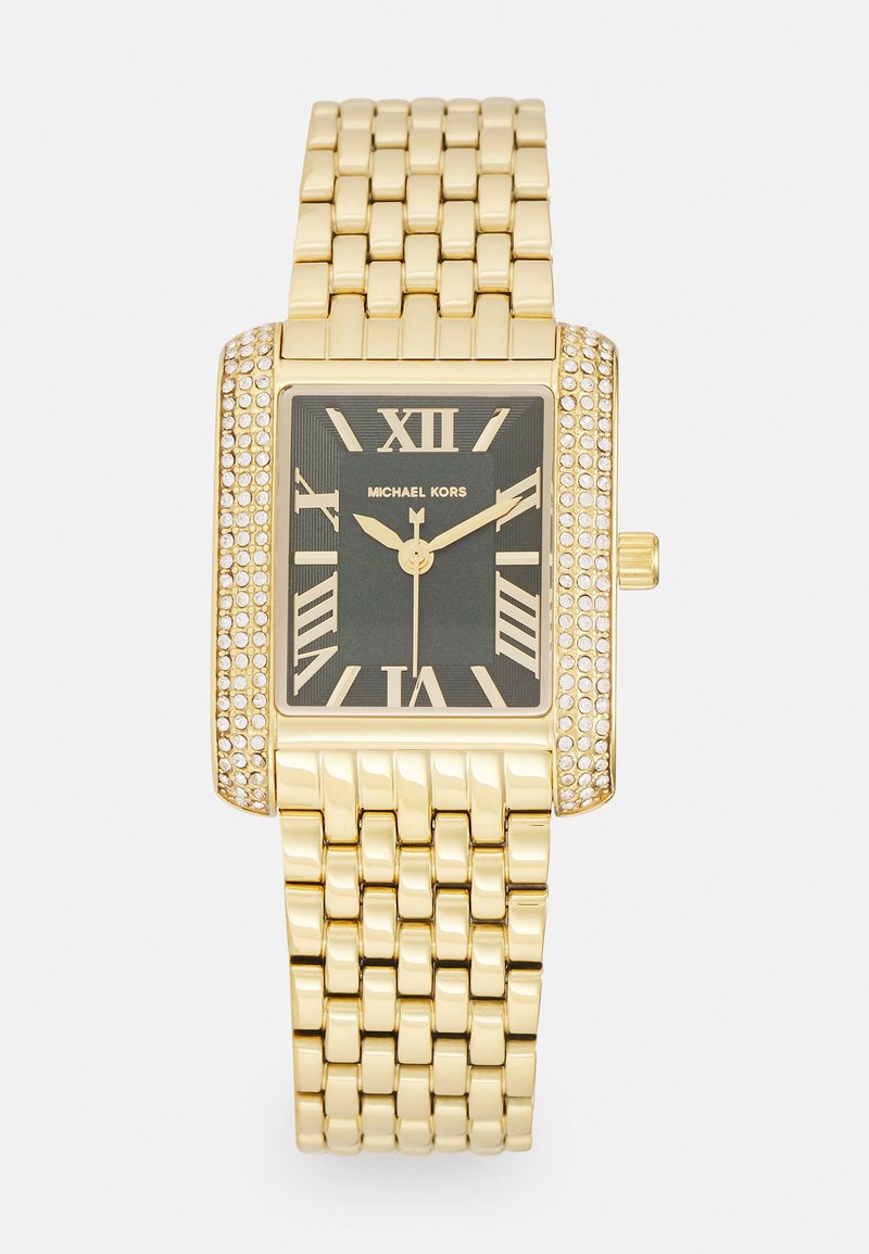 Goldfarbene rechteckige Uhr mit schwarzem Ziffernblatt, römischen Ziffern und Kristallakzenten. Besitzt ein Gliederarmband und eine Krone an der Seite.