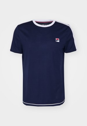 Navy blue short-sleeve T-shirt with a white crew neckline, featuring red and white striped accents on the shoulders and a logo patch.
