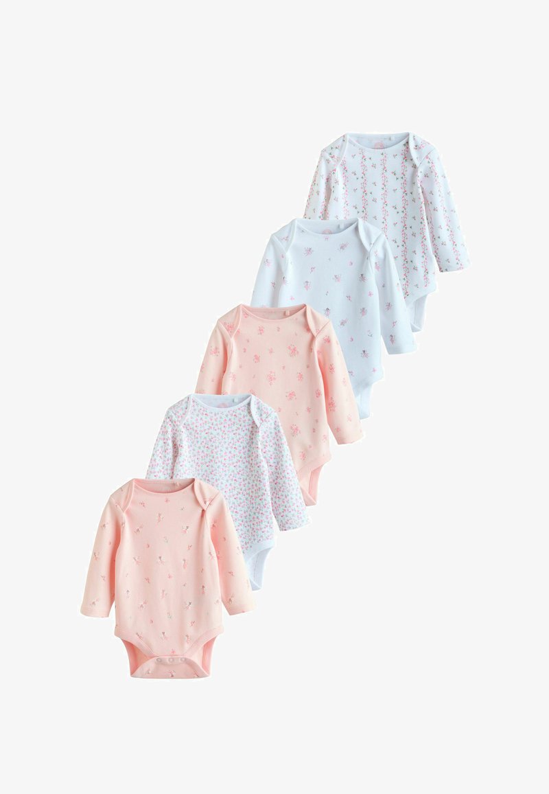 Set van vijf babyrompertjes met lange mouwen in pasteltinten—roze en lichtblauw—met bloemmotieven en drukknoopsluitingen aan de onderkant.
