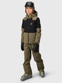 Conjunto de esquí con una combinación de colores negro y oliva, incluye una chaqueta con capucha, pantalones de nieve, guantes y gafas, fabricado con material durable.