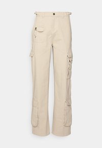 Beige cargo kalhoty vyrobené z bavlny, s několika bočními kapsami, zapínáním na knoflík a rovnými nohavicemi. Odolné s viditelným šitím.