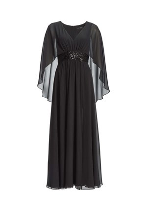 Robe en chiffon noir avec un décolleté en V, des manches cape fluides et une ceinture ornée de sequins. Silhouette longue et fluide avec une fermeture éclair au dos.