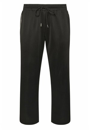 Pantalones negros de corte holgado con cintura elástica y cordón, pierna recta, diseñados para uso casual o deportivo.