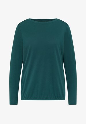 Långärmad topp i teal-färgad bomull, med rund halsringning och rynkad nederdel för en avslappnad passform. Slät textur utan mönster.