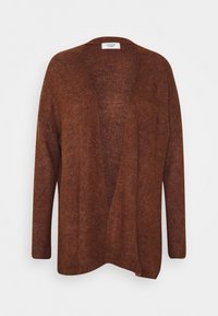 Brauner Cardigan mit offenem Frontbereich aus strukturiertem Strickstoff. Mit langen Ärmeln und lässiger Passform, V-Ausschnitt und ohne Verschlüsse.