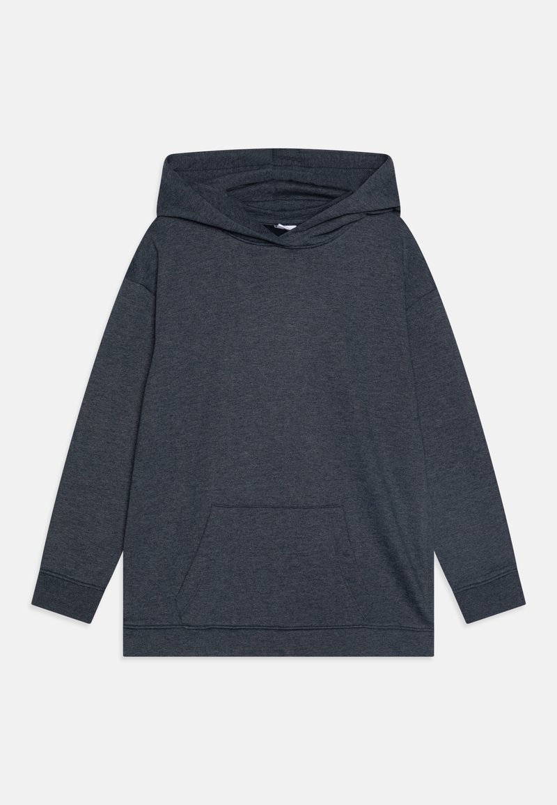 Dunkelgrauer Hoodie, lange Ärmel, verstellbare Kapuze mit Kordelzug, vordertasche im Känguru-Stil, aus weichem, strukturiertem Stoff.
