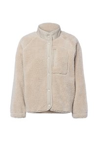 Beige fleecjas met een gladde beige kraag, drukknoopsluitingen en een borstzak. Heeft een zachte textuur en een losse pasvorm.