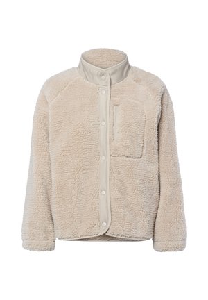 Beżowa polarowa kurtka z gładkim beżowym kołnierzem, zatrzaskami i kieszenią na piersi. Charakteryzuje się miękką teksturą i luźnym krojem.