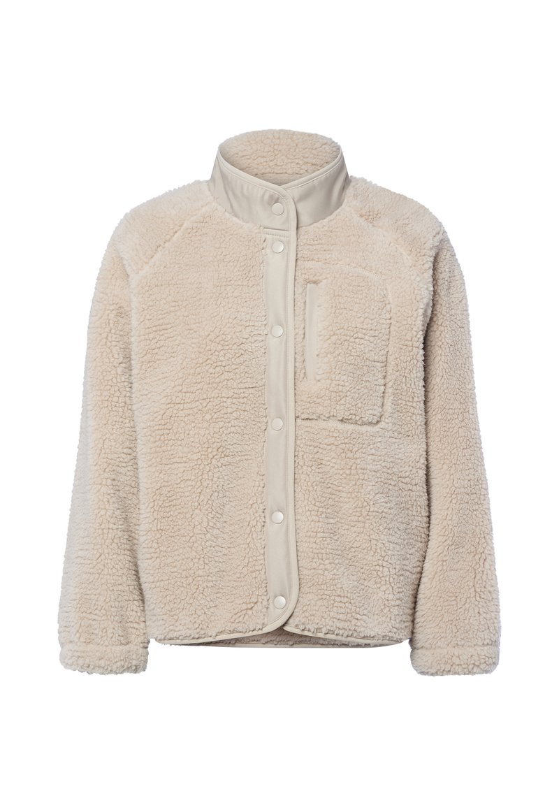 Beige fleecjas met een gladde beige kraag, drukknoopsluitingen en een borstzak. Heeft een zachte textuur en een losse pasvorm.