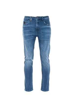 Blauwe denim jeans met een slim fit, vervaagde wassing, versleten details op de knieën en een klassieke vijf-pocket ontwerp met sluiting met een knoop.