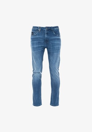 Blauwe denim jeans met een slim fit, vervaagde wassing, versleten details op de knieën en een klassieke vijf-pocket ontwerp met sluiting met een knoop.