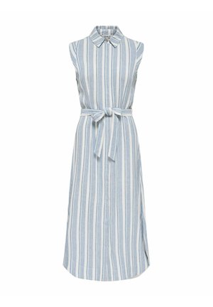 Robe midi sans manches à col avec des rayures verticales bleues et blanches et une ceinture en tissu assorti nouée à la taille.