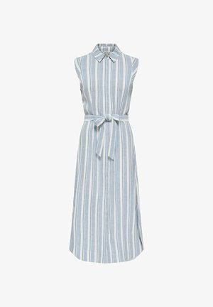 Robe midi sans manches à col avec des rayures verticales bleues et blanches et une ceinture en tissu assorti nouée à la taille.