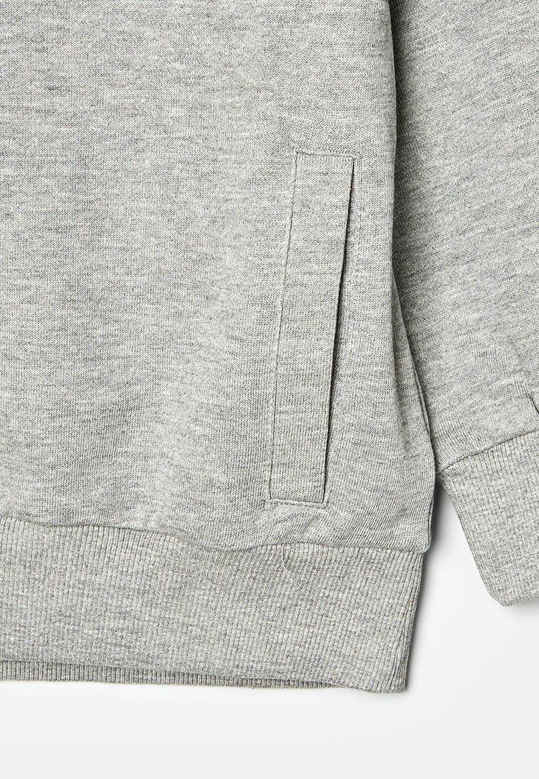 Sudadera gris con una textura suave, puños y dobladillo acanalados, y un detalle de bolsillo lateral. Diseño sencillo y casual con un ajuste holgado.