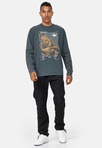 Grå langærmet sweatshirt med Chewbacca-grafik i guld. Sammen med sorte cargo-bukser og hvide sneakers, med en afslappet pasform.