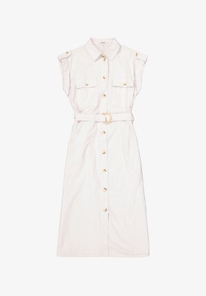 White, button-up dress with short sleeves, two chest pockets, a belted waist, and a smooth texture. Gold hardware accents on buttons.