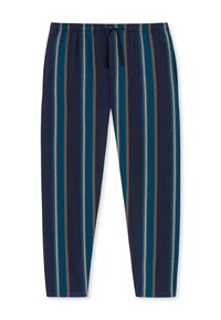 Navy-striped pants with a casual fit, featuring vertical stripes in teal, brown, and light blue. Elastic waistband with drawstring.
