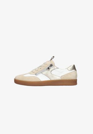 Beige and white sneakers with a suede and leather finish, featuring a metallic zipper accent and a gum rubber sole. Low-top design.